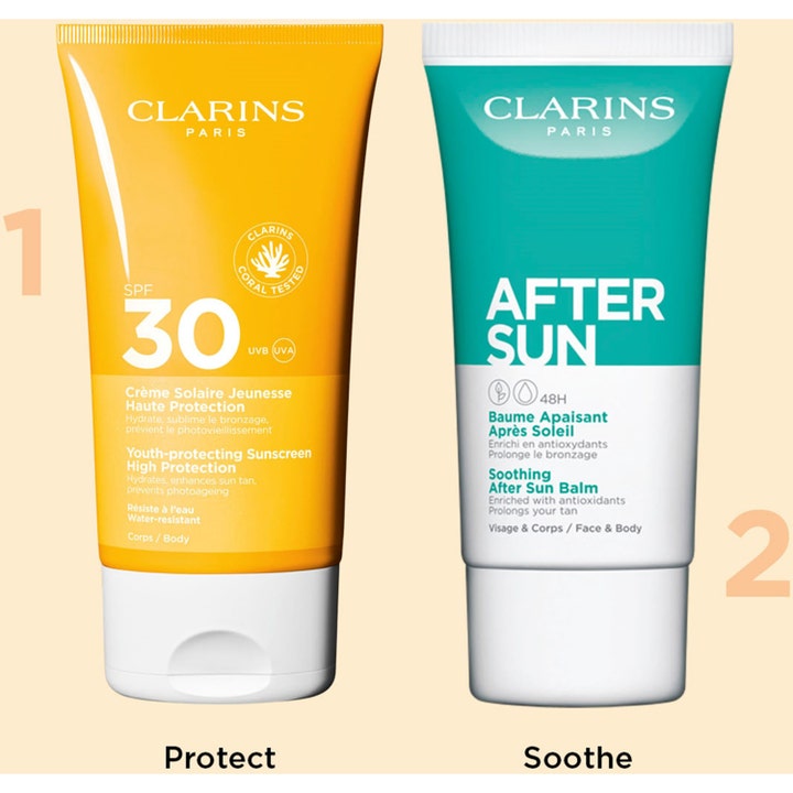 Clarins Youth-protecting Sunscreen SPF30 150 ml aurinkovoide ja After Sun -voide keltaisessa ja turkoosissa tuubissa.