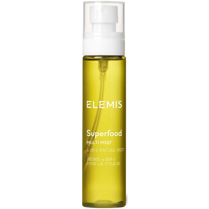 Elemis Superfood Multi Mist 100 ml virkistävä kasvosuihke keltaisessa pullossa, jossa on valkoinen pumppukorkki