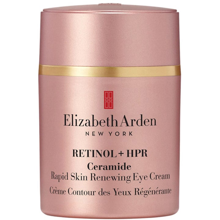 Elizabeth Arden Retinol + HPR Ceramide Rapid Skin Renewing Eye Cream uudistava silmänympärysvoide roosassa metallipurkissa.