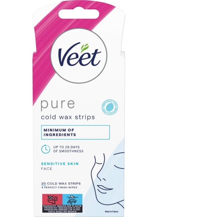 Veet Pure kylmävahaliuskat kasvoille 20 kpl silottava karvanpoisto herkälle iholle vaaleanpunaisessa pakkauksessa
