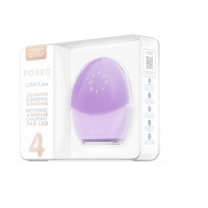 FOREO LUNA 4 plus Sensitive Skin Purple 1 kpl puhdistuslaite valkoisessa myyntipakkauksessa kirkkaalla ikkunalla.