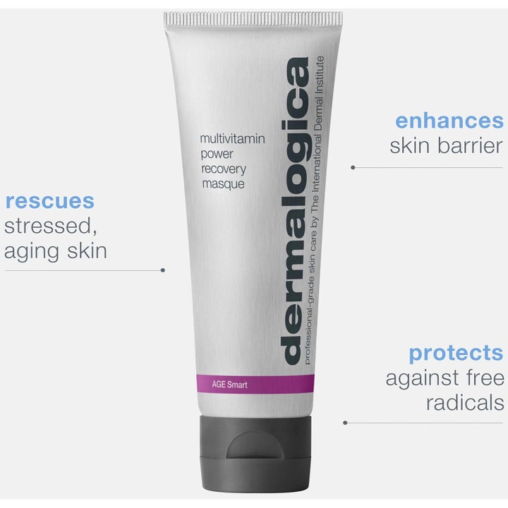 Dermalogica Multivitamin Power Recovery Masque 75 ml harmaa kasvonaamiotuubi korjaa stressaantunutta ja ikääntyvää ihoa.