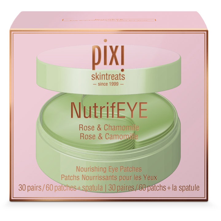 Pixi NutrifEYE 30 paria ravitsevat silmänympäryslaput vaaleanvihreässä purkissa ja vaaleanpunaisessa rasiassa.