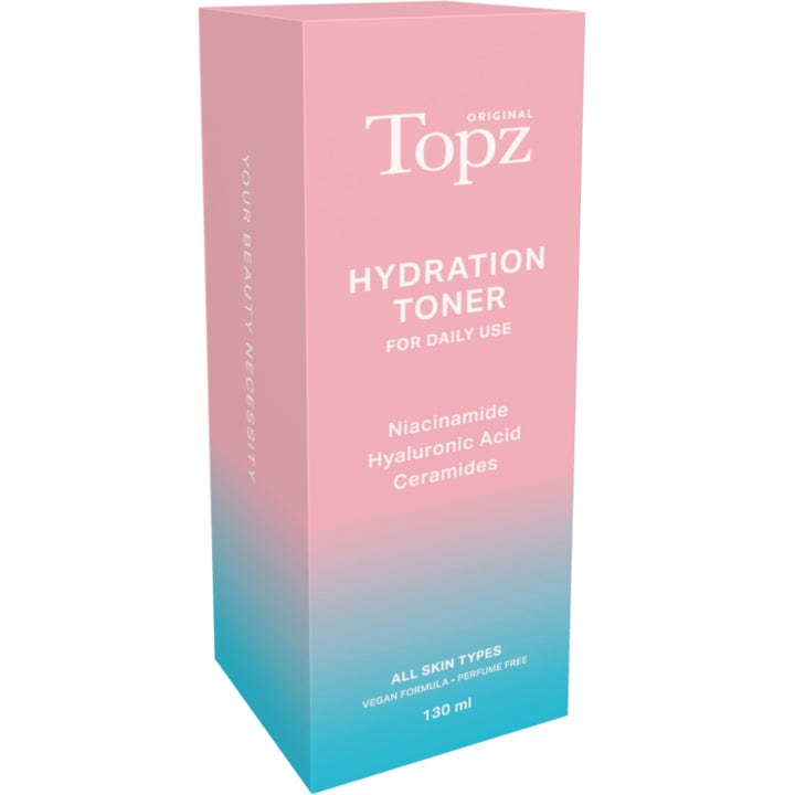 Topz Daily Face Toner 130 ml kosteuttava kasvovesi vaaleanpunaisessa ja sinisessä liukuvärityksessä.