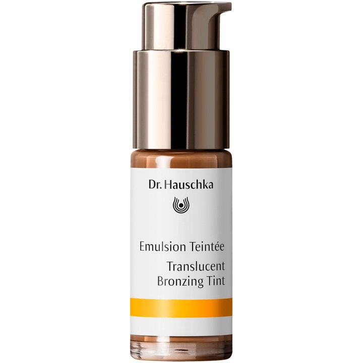 Dr. Hauschka Translucent Bronzing Tint 18 ml hehkua antava sävyte pronssisessa pumppupullossa valkoisella etiketillä