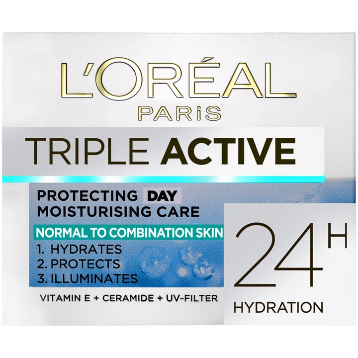 L'Oréal Paris Triple Active kosteuttava päivävoide normaalille iholle valkoisessa ja sinisessä pahvipakkauksessa.