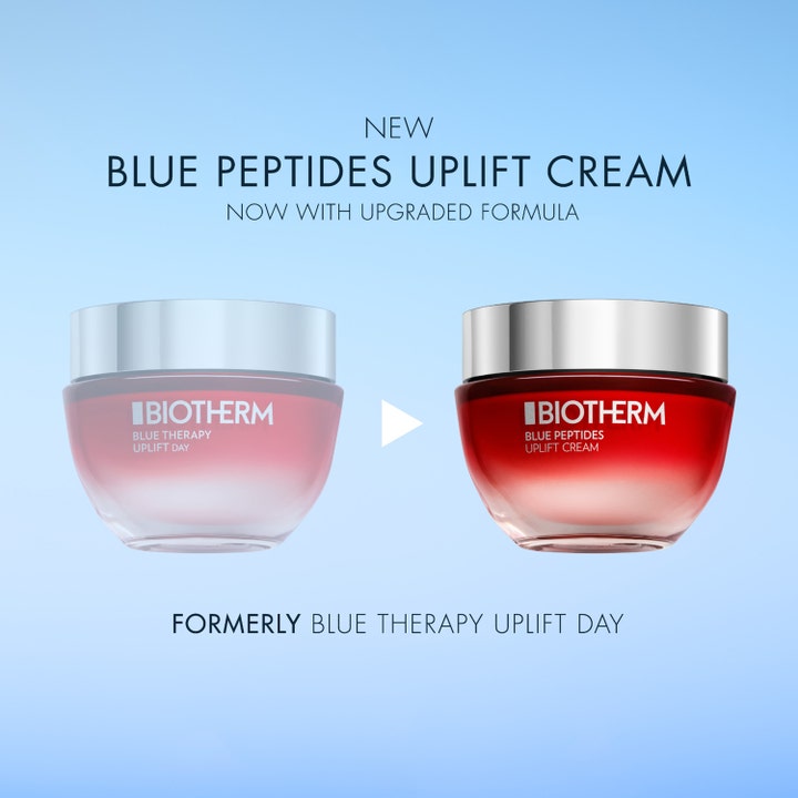 Biotherm Blue Peptides Uplift Cream 50 ml kiinteyttävä päivävoide vertaa uutta punaista purkkia aiempaan versioon.