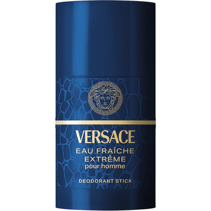 Versace Eau Fraîche Extrême Pour Homme raikastava deodoranttitikku sinisessä hylsyssä kultaisella Medusa-logolla.
