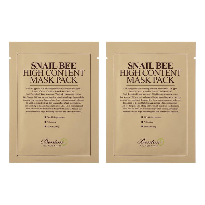 Benton Snail Bee High Content Mask Pack 20 g kangasmaski rauhoittaa ihoa ruskeassa paperipakkauksessa.