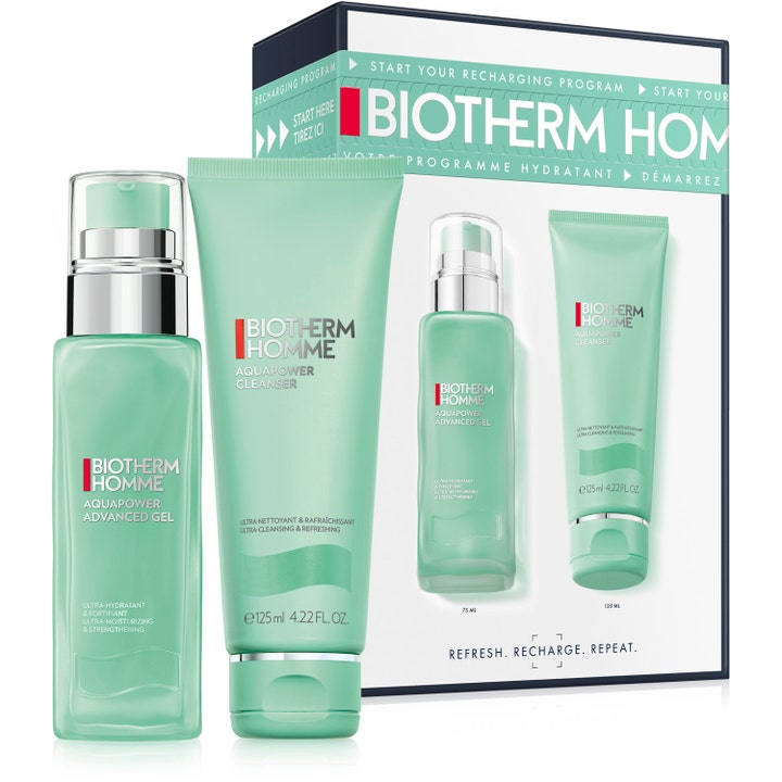 Biotherm Homme Aquapower 75ml ja 125ml kosteuttava ihonhoitosetti mintunvihreässä pumppupullossa ja tuubissa.