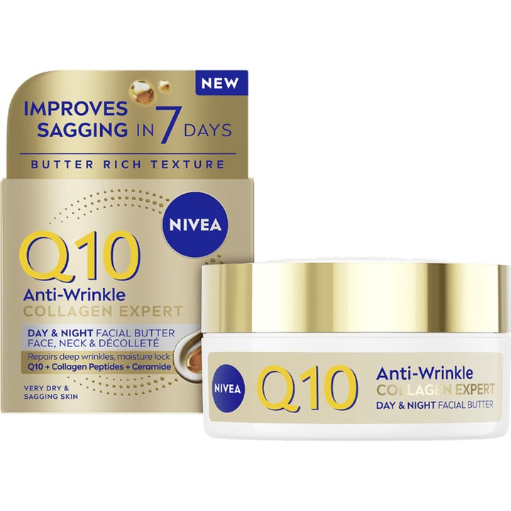 Nivea Q10 Anti-Wrinkle Collagen Expert Facial Butter kiinteyttävä kasvovoi valkoisessa kultakantisessa purkissa