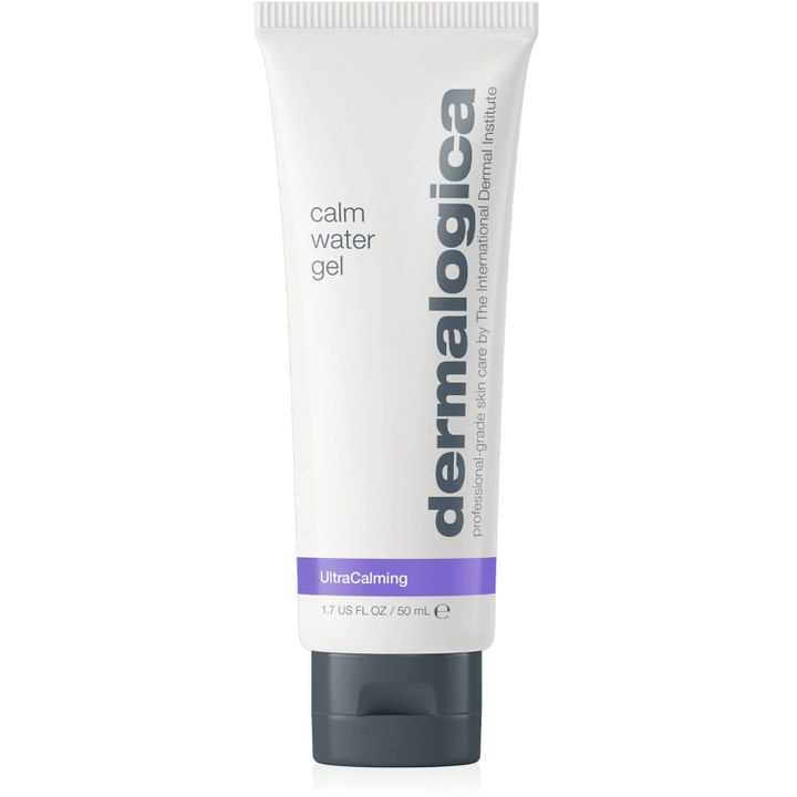 Dermalogica Calm Water Gel 50 ml rauhoittava kasvogeeli valkoisessa tuubissa harmaalla korkilla ja liilalla raidalla.