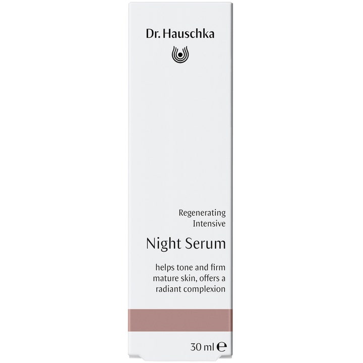 Dr. Hauschka Regenerating Intensive Night Serum 30 ml kiinteyttävä yöseerumi valkoisessa pahvipakkauksessa.