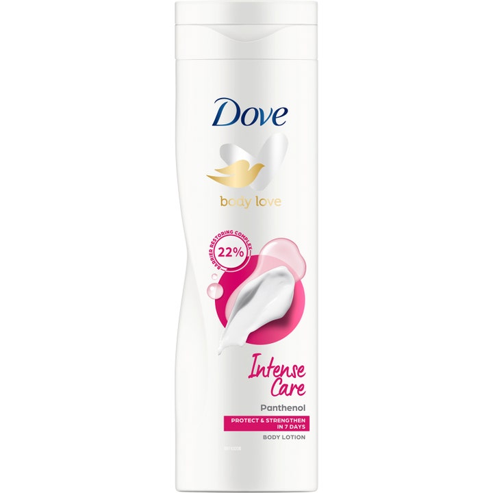 Dove Body Love Intense Care 400 ml vahvistava vartalovoide valkoisessa pullossa jossa on vaaleanpunaisia yksityiskohtia.