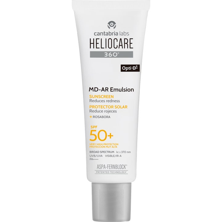 Heliocare 360° MD A-R Emulsion SPF 50+ aurinkosuojavoide herkälle iholle valkoisessa tuubissa hopeisella korkilla.