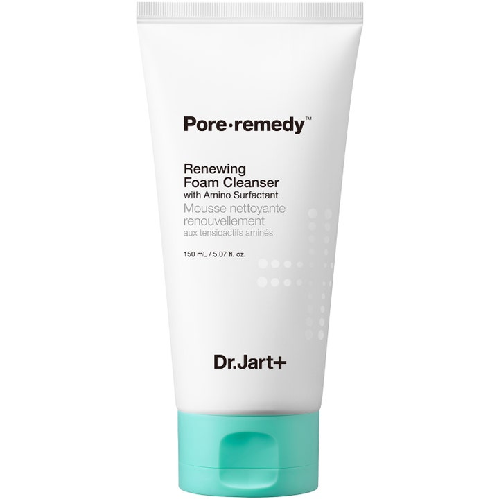Dr. Jart+ Pore-remedy Renewing Foam Cleanser 150 ml puhdistusvaahto valkoisessa tuubissa, jossa on turkoosi korkki.