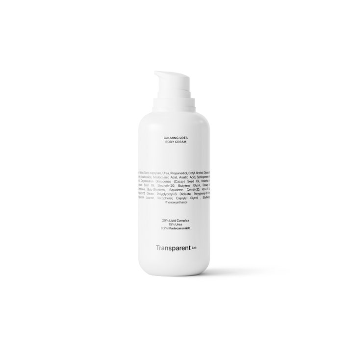 Transparent Lab Calming Urea Body Cream rauhoittava vartalovoide kosteuttaa ihoa valkoisessa pumppupullossa