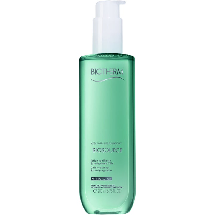 Biotherm Biosource 200 ml virkistävä kasvovesi normaalille iholle vihreässä pumppupullossa.