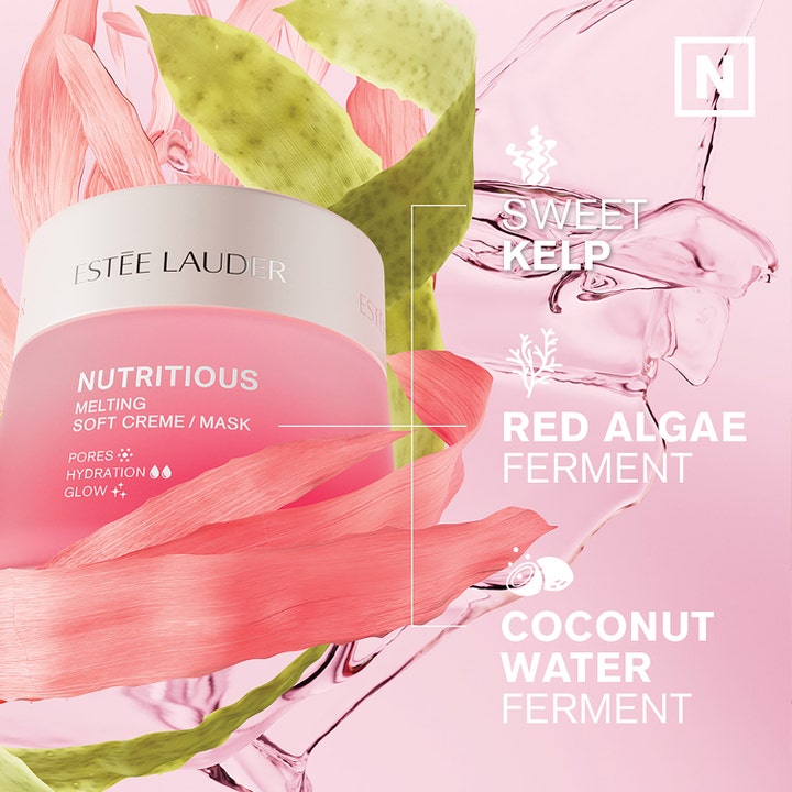 Estée Lauder Nutritious Melting Soft Cream And Mask 50 ml heleyttävä kasvonaamio vaaleanpunaisessa purkissa.