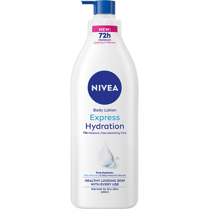 Nivea Express Hydration 400 ml kosteuttava vartalovoide valkoisessa pullossa, jossa on sininen pumppukorkki.
