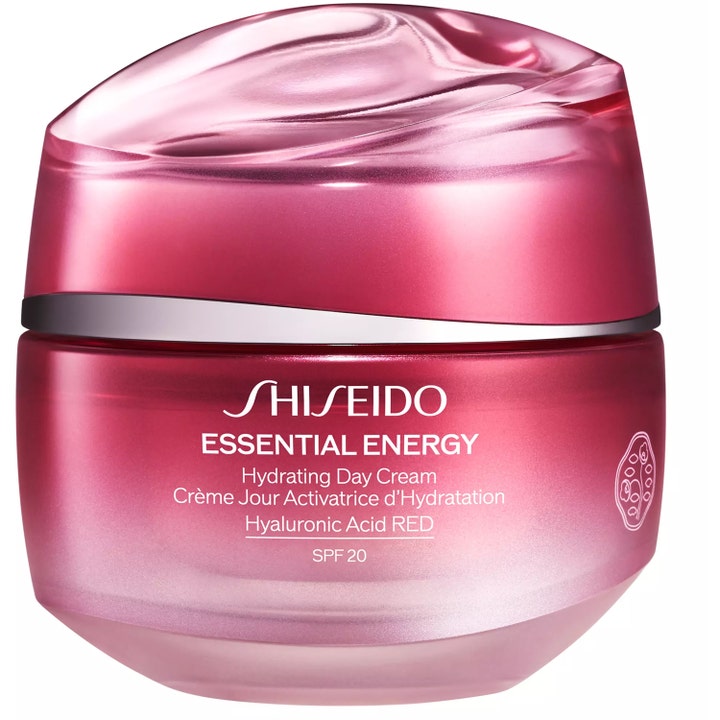 Shiseido Essential Energy Hydrating Day Cream 50 ml kosteuttava päivävoide hyaluronihapolla pinkissä lasipurkissa