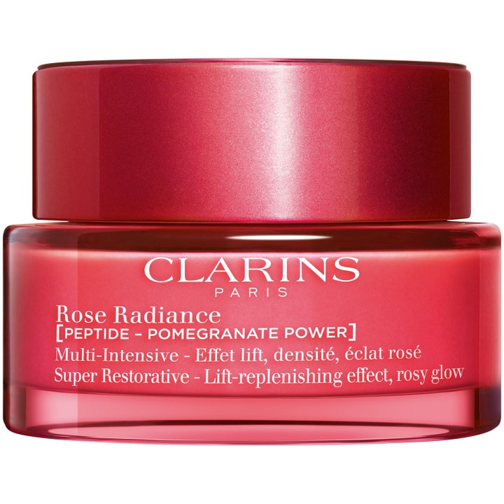 Clarins Rose Radiance 50 ml heleyttävä päivävoide punaisessa lasipurkissa metallikannella antaa iholle kiinteyttä ja hehkua