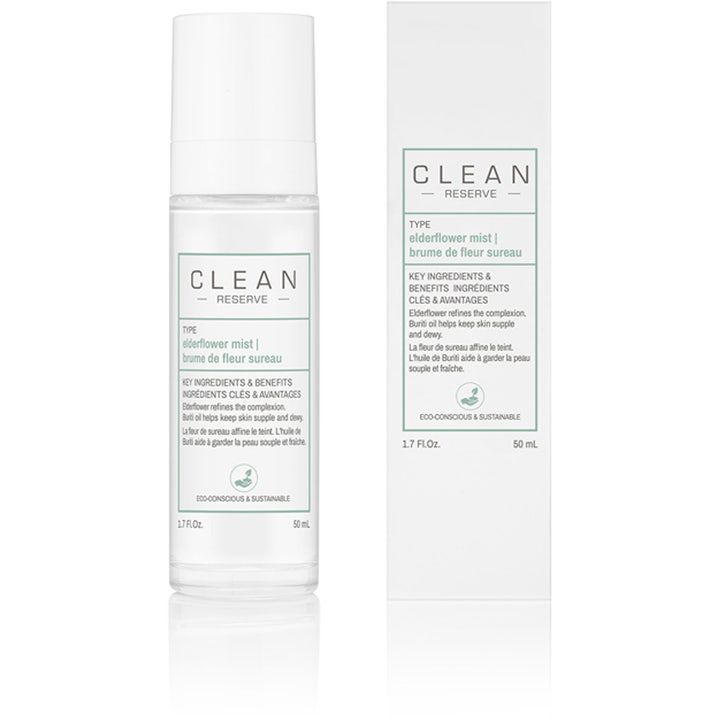 Clean Reserve Elderflower Mist 50 ml heleyttävä kasvosuihke kirkkaassa pullossa valkoisella korkilla ja pakkauksella