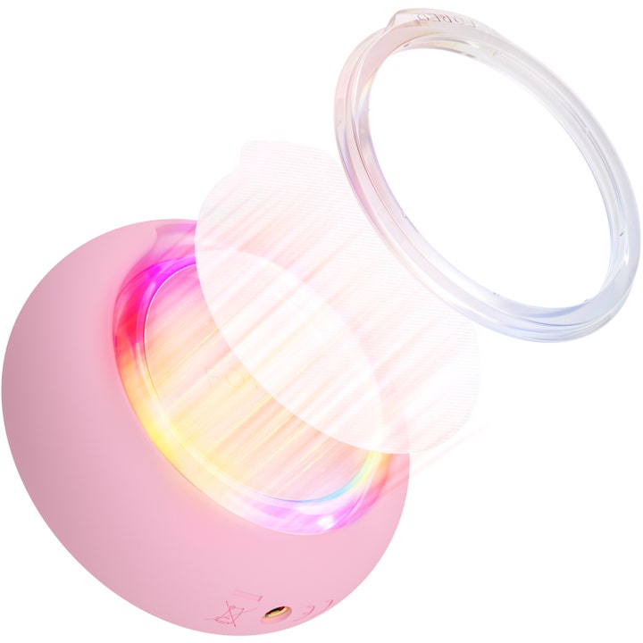 FOREO UFO™ 3 Pearl Pink 1 kpl syväkosteuttava ihonhoitolaite vaaleanpunainen runko valohoidolla ja kirkkaalla renkaalla