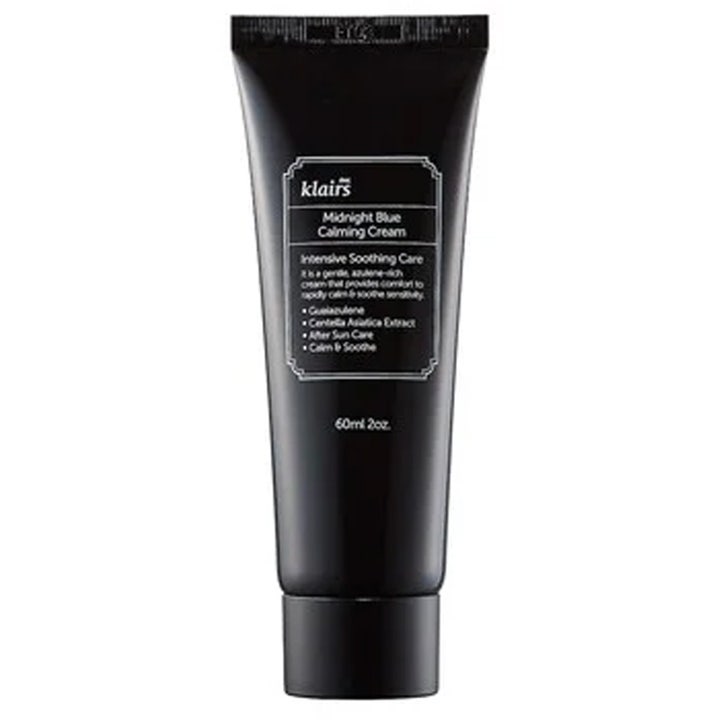 Klairs Midnight Blue Calming Cream 60 ml rauhoittava kasvovoide mustassa tuubissa sisältää guaiazulenea.