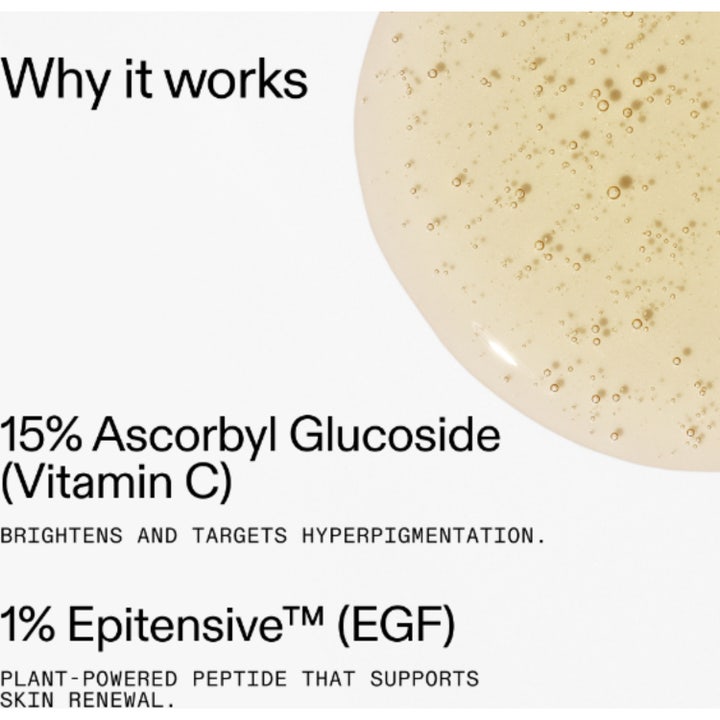 The INKEY List 15% Vitamin C and EGF Serum 30 ml heleyttävä seerumi kirkas ja ilmakuplia sisältävä koostumus pisarassa
