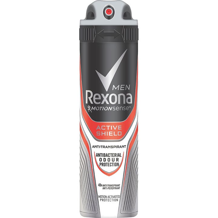 Rexona Men Active Shield antiperspirantti antaa antibakteerisen 48h suojan mustassa spraypullossa punaisin tehostein.