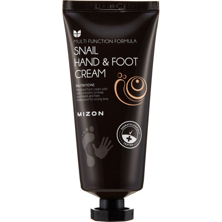 Mizon Hand And Foot Cream Snail 100 ml ravitseva voide ruskeassa tuubissa jossa on kultainen etanakuvio