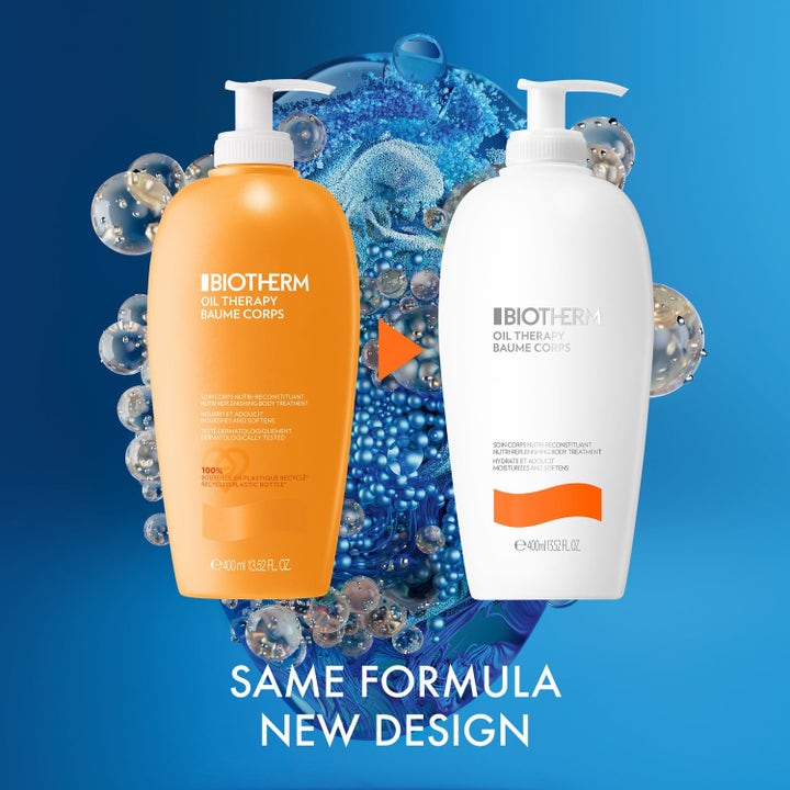 Biotherm Oil Therapy Baume Corps 400 ml ravitseva vartalovoide oranssissa ja uudessa valkoisessa pullossa.