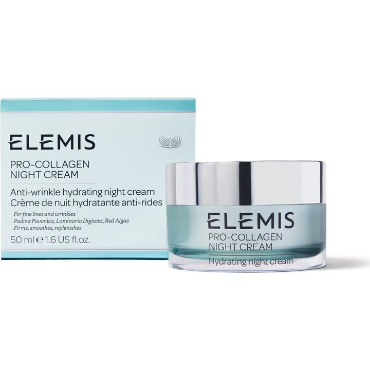 Elemis Pro-Collagen Night Cream 50 ml silottava yövoide hopeakantisessa lasipurkissa ja vaaleansinisessä rasiassa