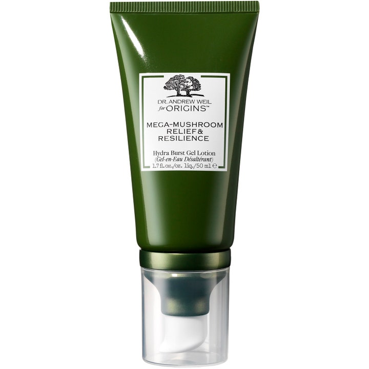 Origins Mega-Mushroom Relief & Resilience 50 ml rauhoittava geelivoide tummanvihreässä pumpputuubissa kirkkaalla korkilla.