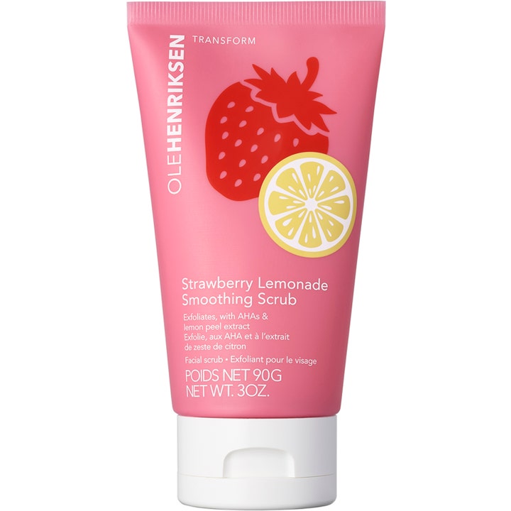 Ole Henriksen Strawberry Lemonade Smoothing Scrub 90 g kuorintavoide vaaleanpunaisessa tuubissa mansikkakuviolla.