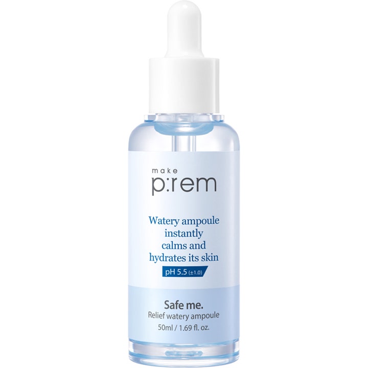 Make p:rem Safe me. Relief watery ampoule 50 ml rauhoittaa ihoa kirkkaassa pipettipullossa, jossa on valkoinen korkki.