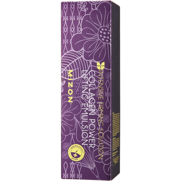 Mizon Collagen Power Lifting Emulsion 120 ml kiinteyttävä kasvoseerumi violetissa kukkakuvioisessa pakkauksessa.