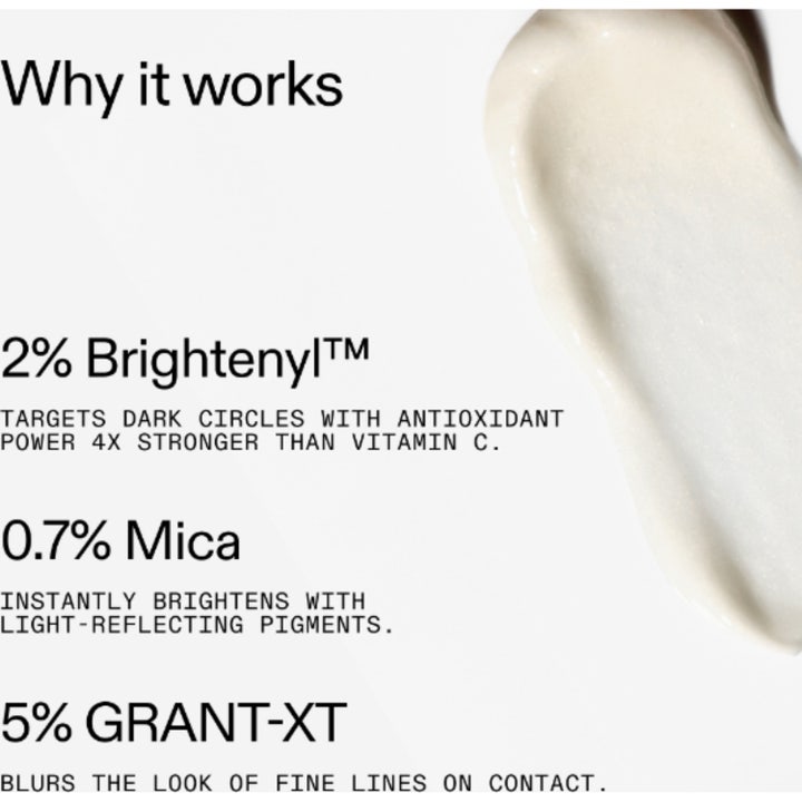 The INKEY List Brighten-i Eye Cream 15 ml kirkastava silmänympärysvoide vaaleanpunaisella koostumuksella valkoisessa tuubissa.