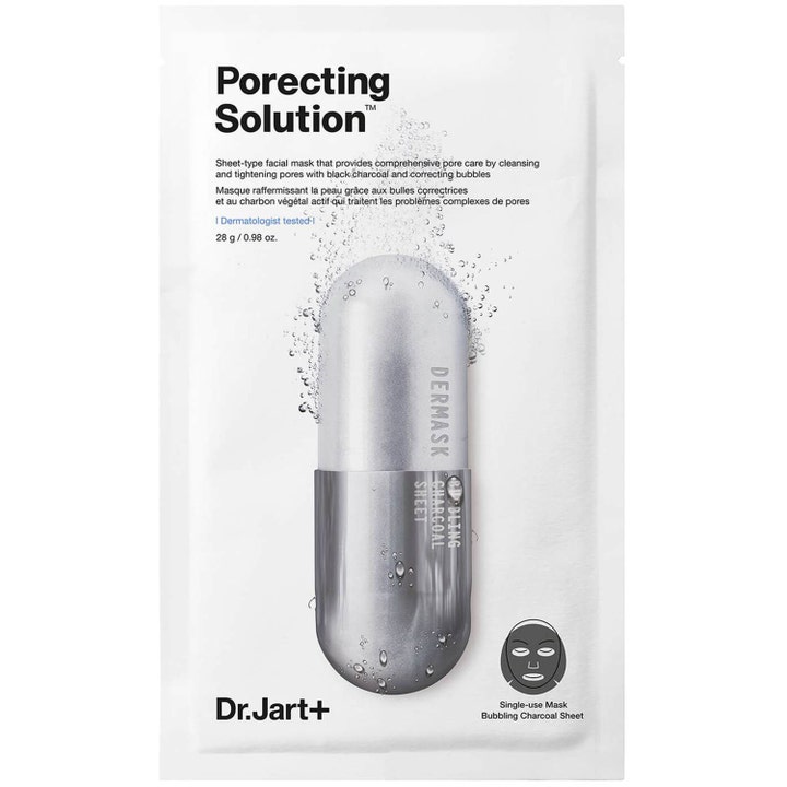 Dr. Jart+ Porecting Solution 28 g ihohuokosia supistava kangasnaamio valkoisessa pakkauksessa harmaalla kapselikuvalla.