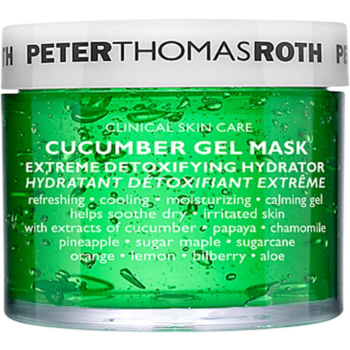 Peter Thomas Roth Cucumber Gel Mask rauhoittava kasvonaamio vihreässä läpinäkyvässä purkissa jossa on valkoinen kansi.