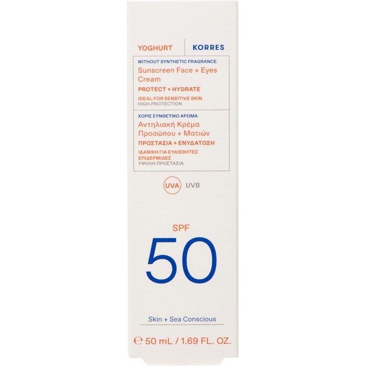 Korres Yoghurt Face + Eyes Sunscreen 50 ml kosteuttava aurinkovoide kasvoille valkoisessa pahvipakkauksessa SPF 50.