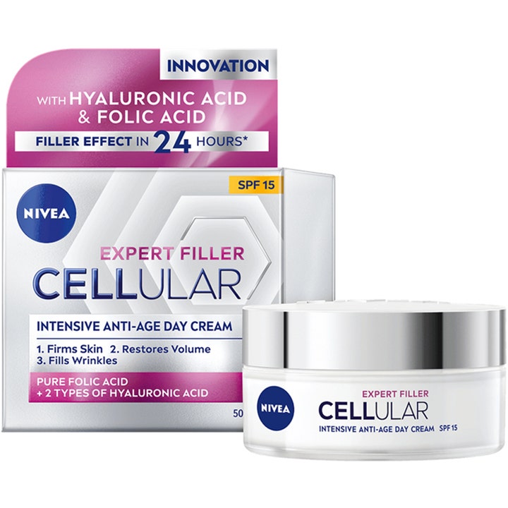 NIVEA Cellular Expert Filler 50 ml kiinteyttävä päivävoide SPF 15 hopeakantisessa purkissa ja pakkauksessa.