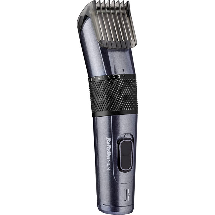 BaByliss Men partatrimmeri tarkkaan muotoiluun metallinhohtoisella harmaalla rungolla ja mustalla otepinnalla