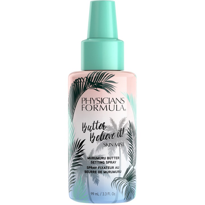 Physicians Formula Butter Believe it! Skin Mist 99 ml pehmentävä kiinnityssuihke, turkoosi korkki ja trooppinen palmukuvio.