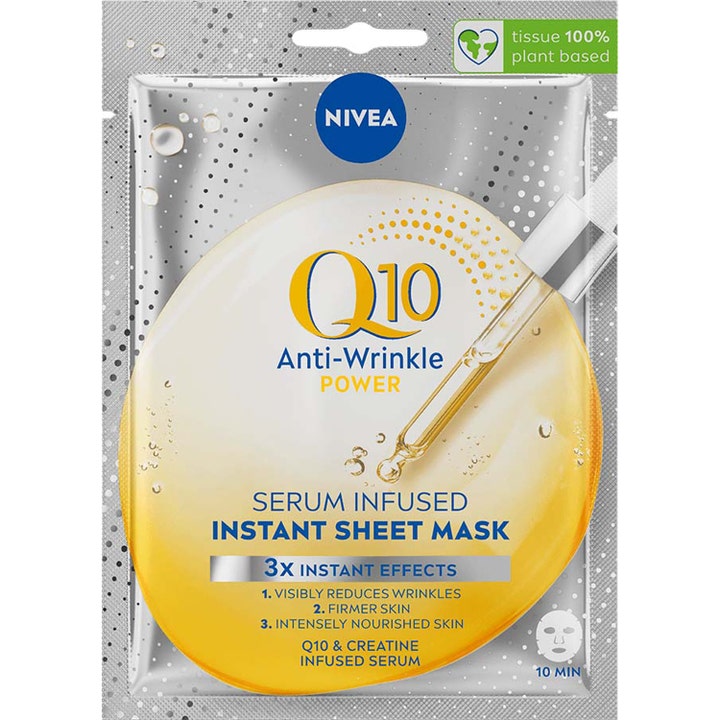 Nivea Q10 Anti-Wrinkle Power 1 kpl kangasnaamio kiinteyttää ihoa hopeisessa pussissa jossa on keltainen pipettikuva