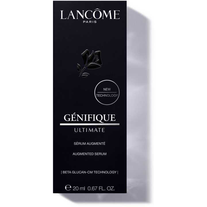 Lancôme Génifique Ultimate Serum 20 ml uudistava kasvoseerumi mustassa pakkauksessa hopeisilla teksteillä