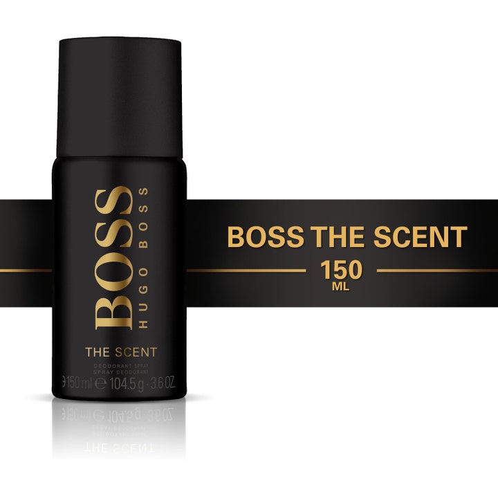 Hugo Boss Boss The Scent 150 ml miesten deodorantti antaa raikkautta tyylikkäässä mustassa mattapullossa kultaisin tekstein.