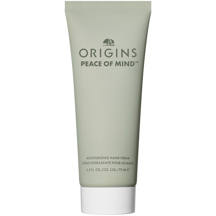 Origins Peace of Mind 75 ml kosteuttava käsivoide pehmentää ihoa vaaleanvihreässä tuubissa valkoisella korkilla.