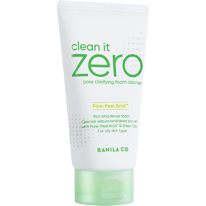 Banila Co Clean It Zero Foam Cleanser 150 ml rasvoittuvan ihon puhdistusvaahto valkoisessa tuubissa vihreällä korkilla
